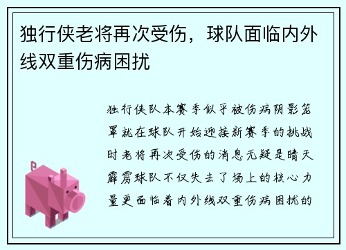 独行侠老将再次受伤，球队面临内外线双重伤病困扰