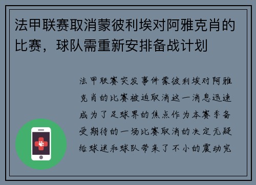 法甲联赛取消蒙彼利埃对阿雅克肖的比赛，球队需重新安排备战计划